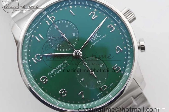 MIROTIME 0819 FastDry Portugieser Chronograph IW371615 ZF Best Edition Green Dial on SS Bracelet A7750 (Slim Movement) 7038